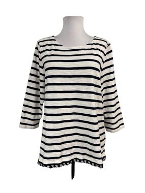 Talbots XLP XL Petite Knit Top Striped Navy White 100% Cotton Fringe 3/4 Sleeves